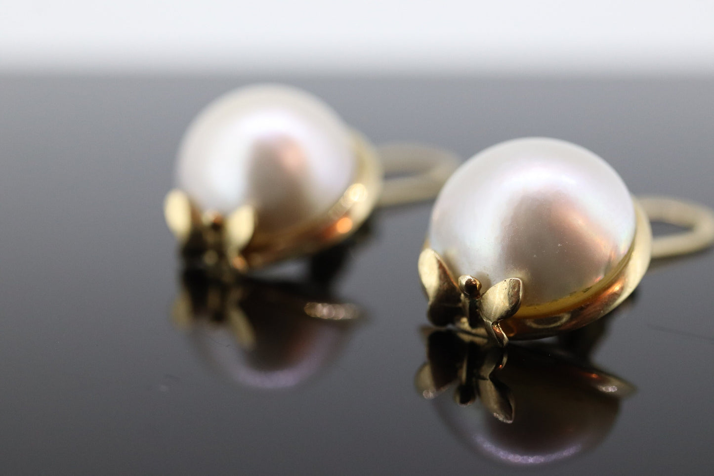 14k Large MABE Pearl Clip On earrings. Non Pierced Omega Back Clips Mabe Pearl Earrings st(144)