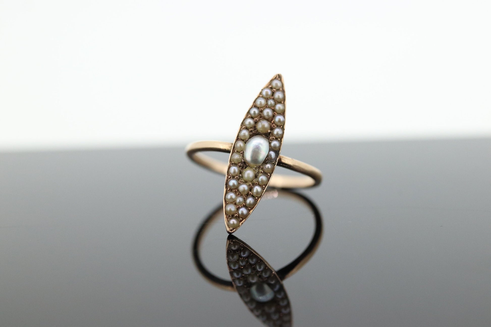 Antique 14k PEARL seed MOP cluster Marquise Navette ring. ANTIQUE Victorian Pearl seed Marquise cluster ring