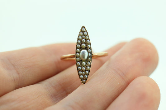 Antique 14k PEARL seed MOP cluster Marquise Navette ring. ANTIQUE Victorian Pearl seed Marquise cluster ring