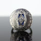 Antique ROUND SHIELD ring. 14k TRILOGY three diamond and sapphire shield ring. 14k Art Deco trio triple diamond shield ring. st(207)