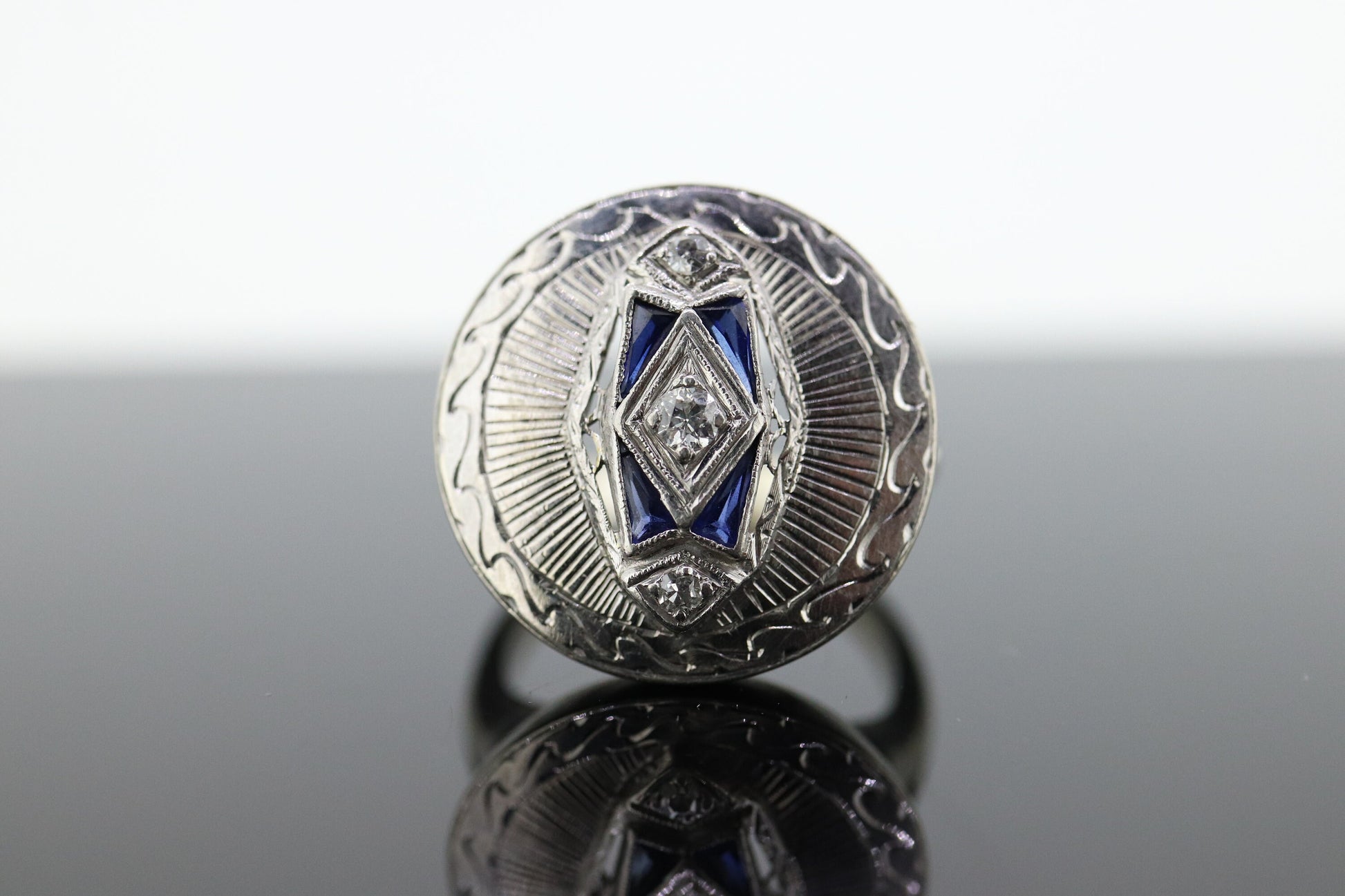 Antique ROUND SHIELD ring. 14k TRILOGY three diamond and sapphire shield ring. 14k Art Deco trio triple diamond shield ring. st(207)