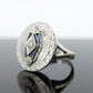 Antique ROUND SHIELD ring. 14k TRILOGY three diamond and sapphire shield ring. 14k Art Deco trio triple diamond shield ring. st(207)