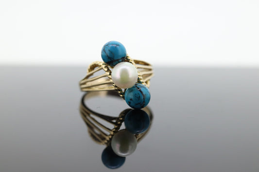 10k Turquoise and Pearl cluster ring. Bypass Turquoise and Pearl Bead Sphere Ball cluster set ring st(95)