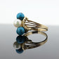 10k Turquoise and Pearl cluster ring. Bypass Turquoise and Pearl Bead Sphere Ball cluster set ring st(95)