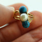 10k Turquoise and Pearl cluster ring. Bypass Turquoise and Pearl Bead Sphere Ball cluster set ring st(95)