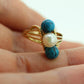 10k Turquoise and Pearl cluster ring. Bypass Turquoise and Pearl Bead Sphere Ball cluster set ring st(95)