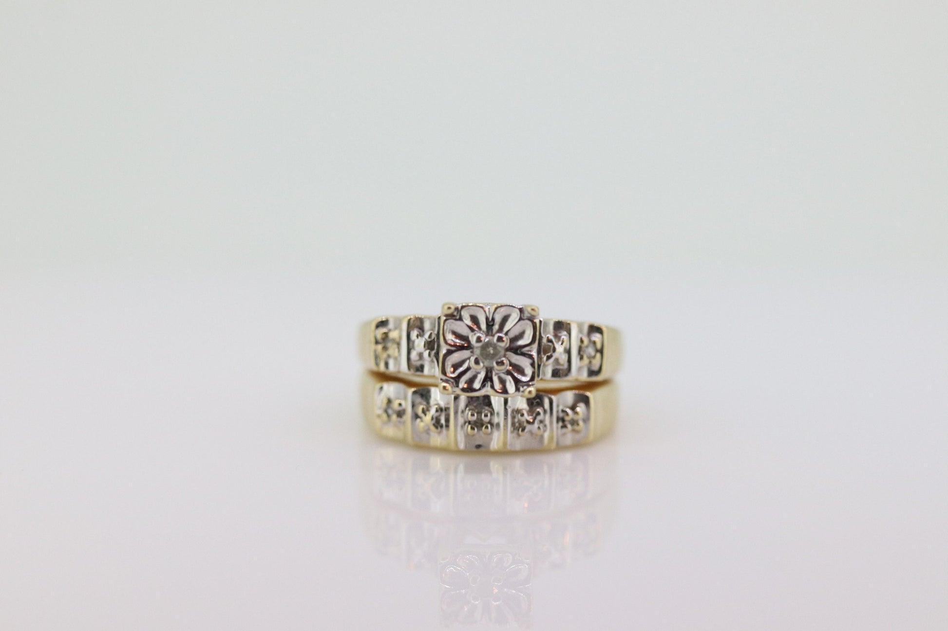 Vintage 10k Multi-Tone Diamond Wedding Ring set. Art Deco small diamond Bridal Set ring. st(207)