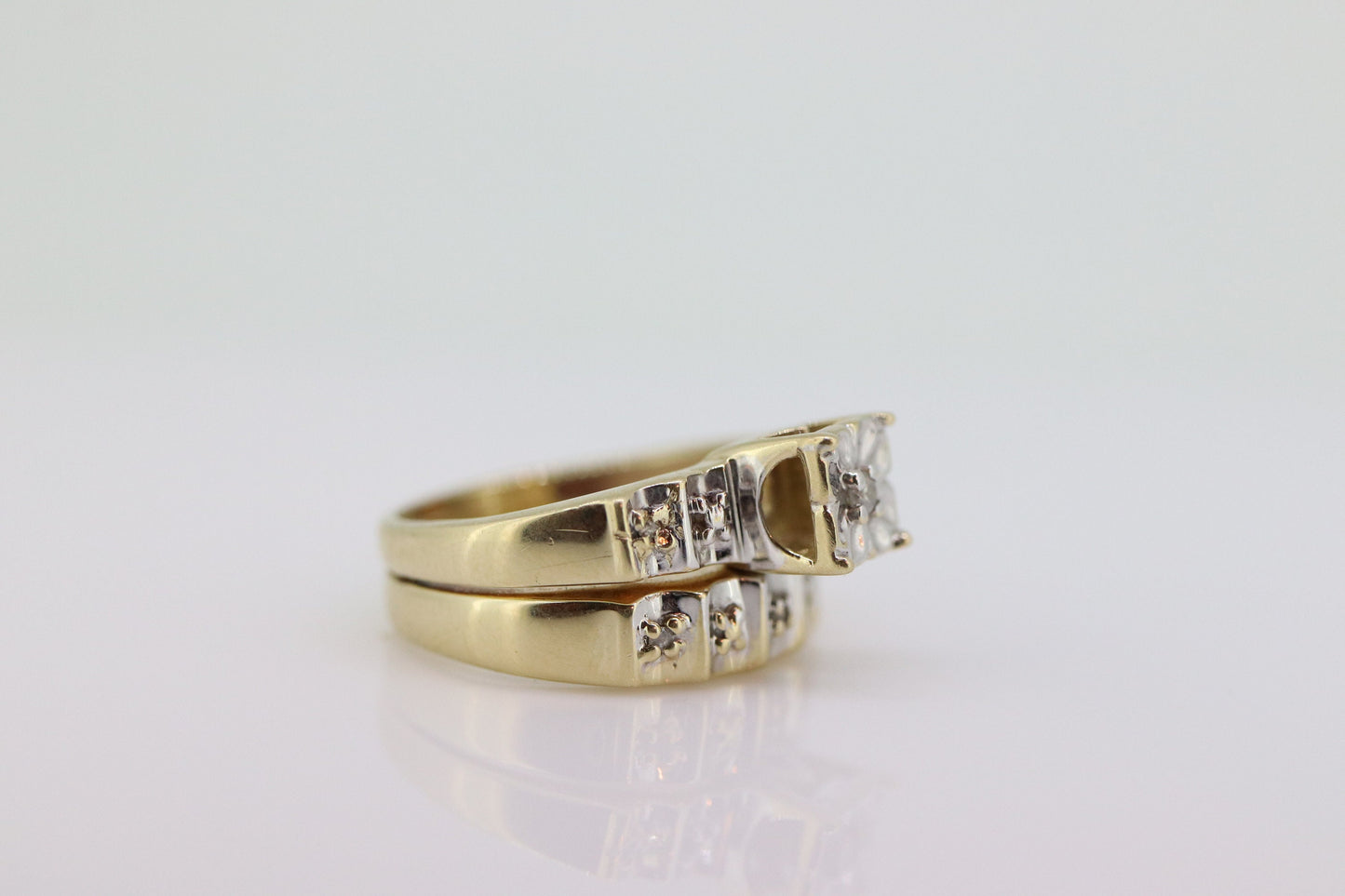 Vintage 10k Multi-Tone Diamond Wedding Ring set. Art Deco small diamond Bridal Set ring. st(207)