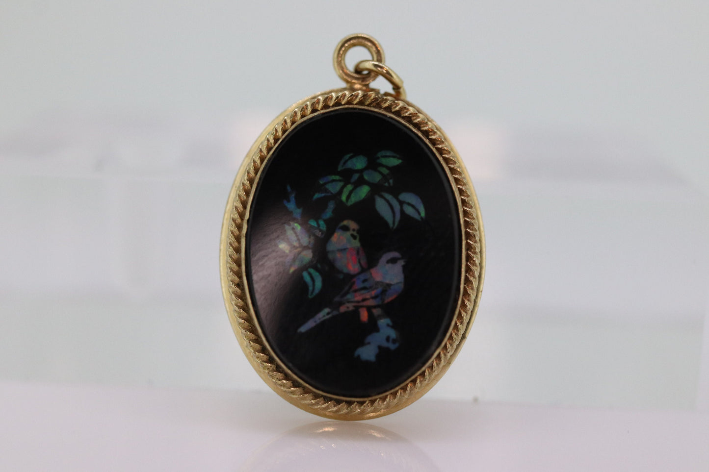 Opal Mosaic Onyx Pendant. 14kGF Vintage Medallion. Birds  cluster opal inlay onyx charm. (st22)