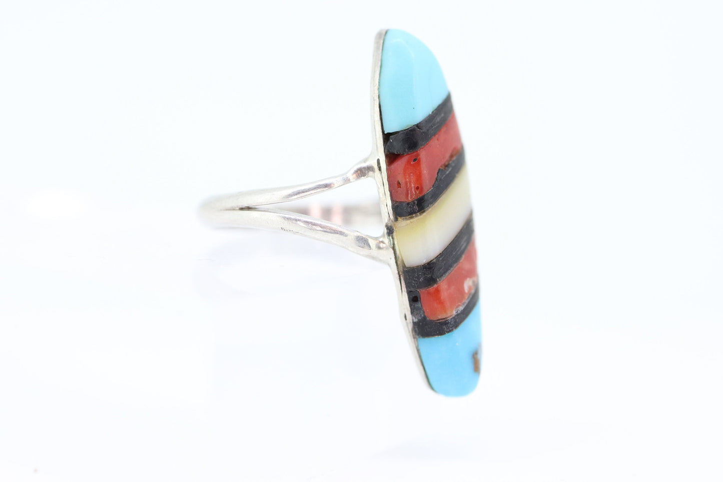 Heavy ZUNI Sterling Silver Signet ring. Navajo Turquoise Oyster Onyx MOP Cluster Ring.  St(14)