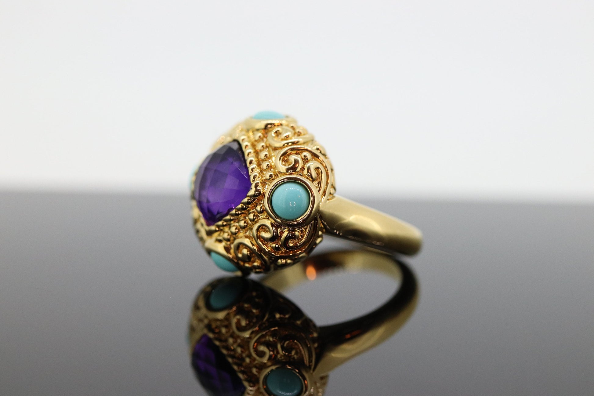 14k Bubble Turquoise and Amethyst stone Ring. 14k Turquoise Amethyst Candy Cocktail Ring st(295)