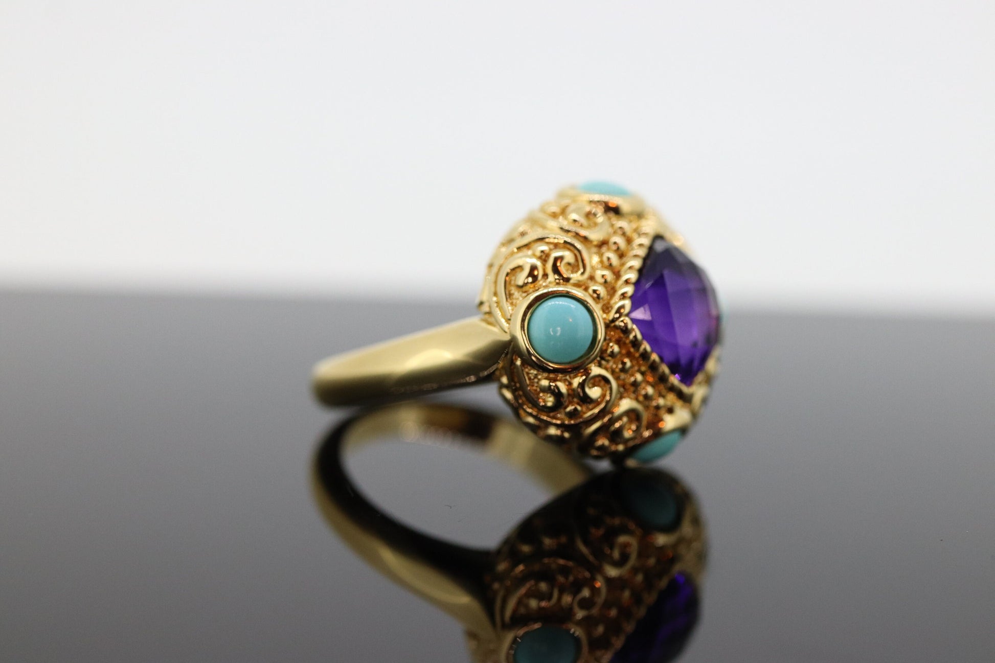 14k Bubble Turquoise and Amethyst stone Ring. 14k Turquoise Amethyst Candy Cocktail Ring st(295)