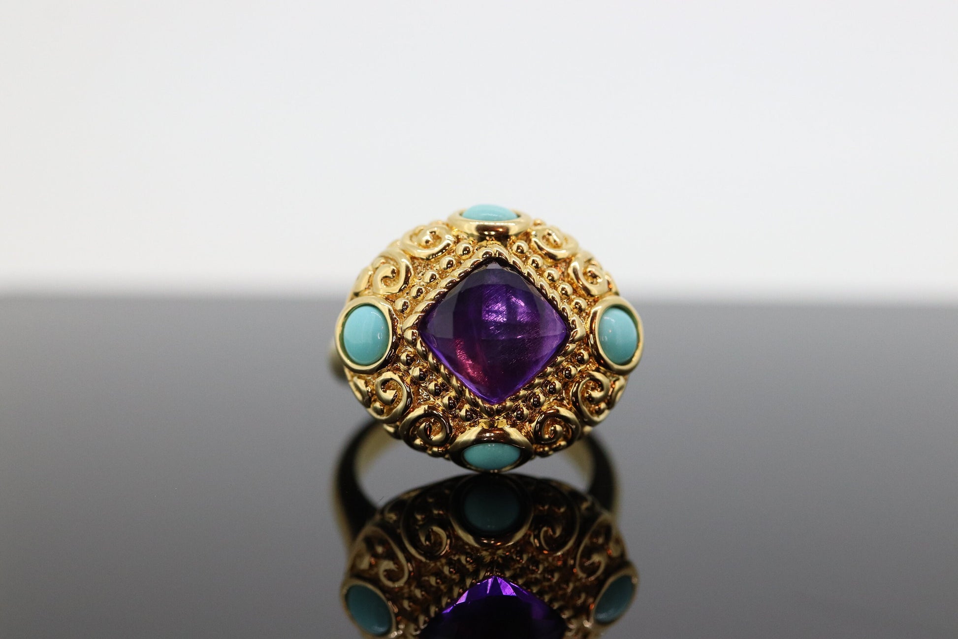 14k Bubble Turquoise and Amethyst stone Ring. 14k Turquoise Amethyst Candy Cocktail Ring st(295)