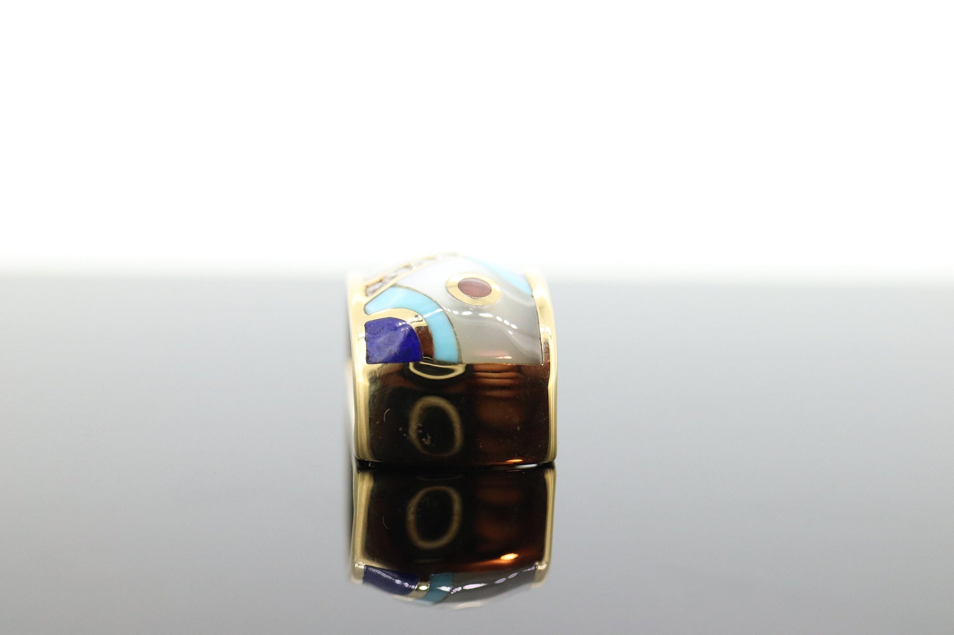 Asch Grossbardt Dome Pendant 14K Yellow Gold Inlaid Gemstone Ring Mother of Pearl Lapis Turquoise DIAMOND Pendant  st(339)