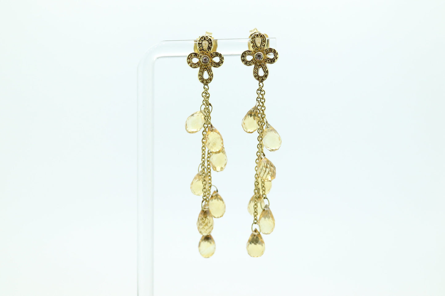 18k Citrine Diamond Dangle Earrings. 18k Diamond Flower mult-gem dangle drop earrings. TEAR Gem strand st(219)