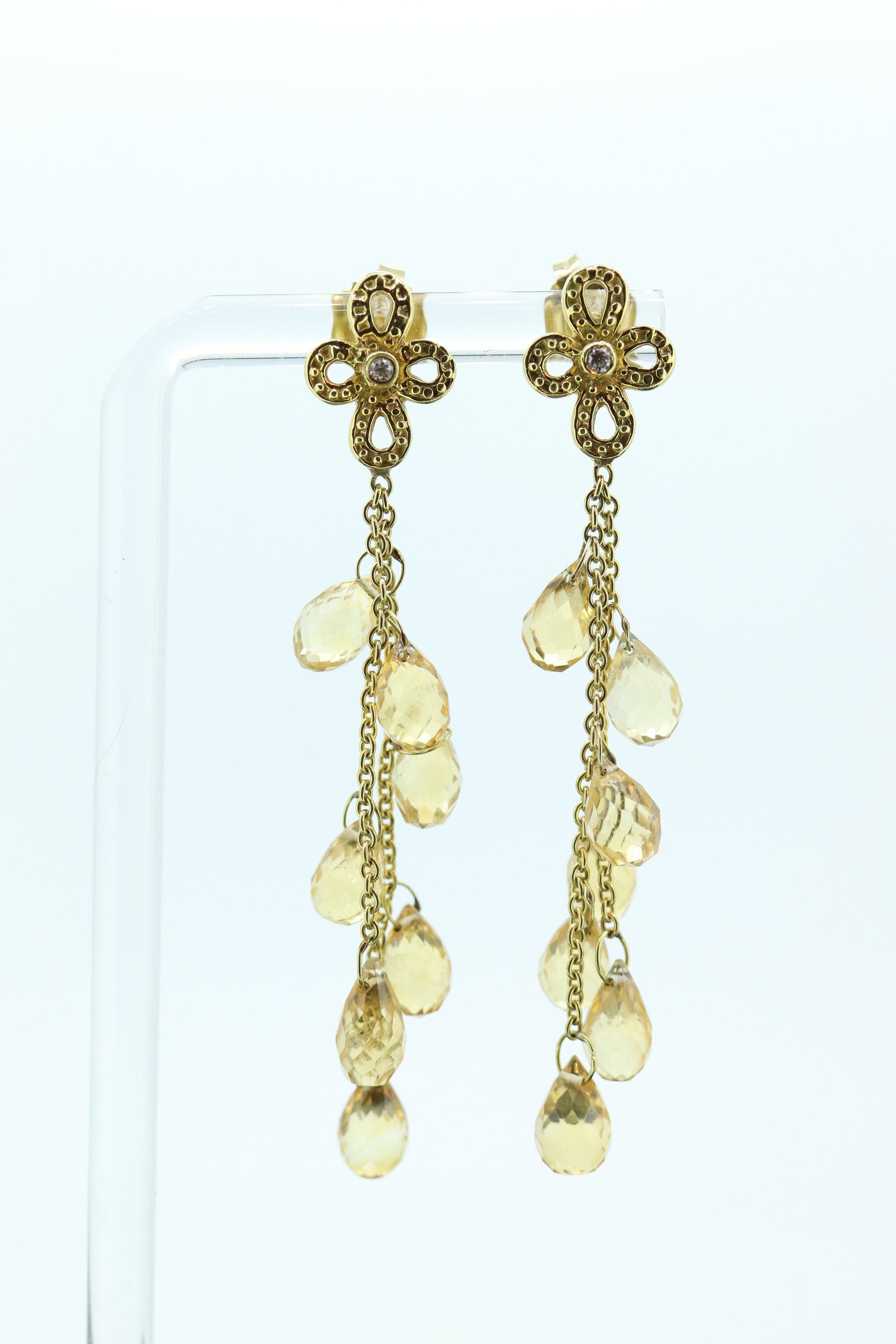 18k Citrine Diamond Dangle Earrings. 18k Diamond Flower mult-gem dangle drop earrings. TEAR Gem strand st(219)