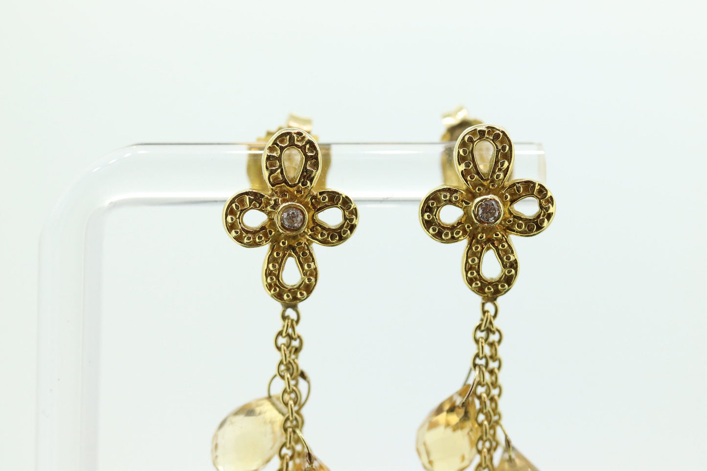 18k Citrine Diamond Dangle Earrings. 18k Diamond Flower mult-gem dangle drop earrings. TEAR Gem strand st(219)