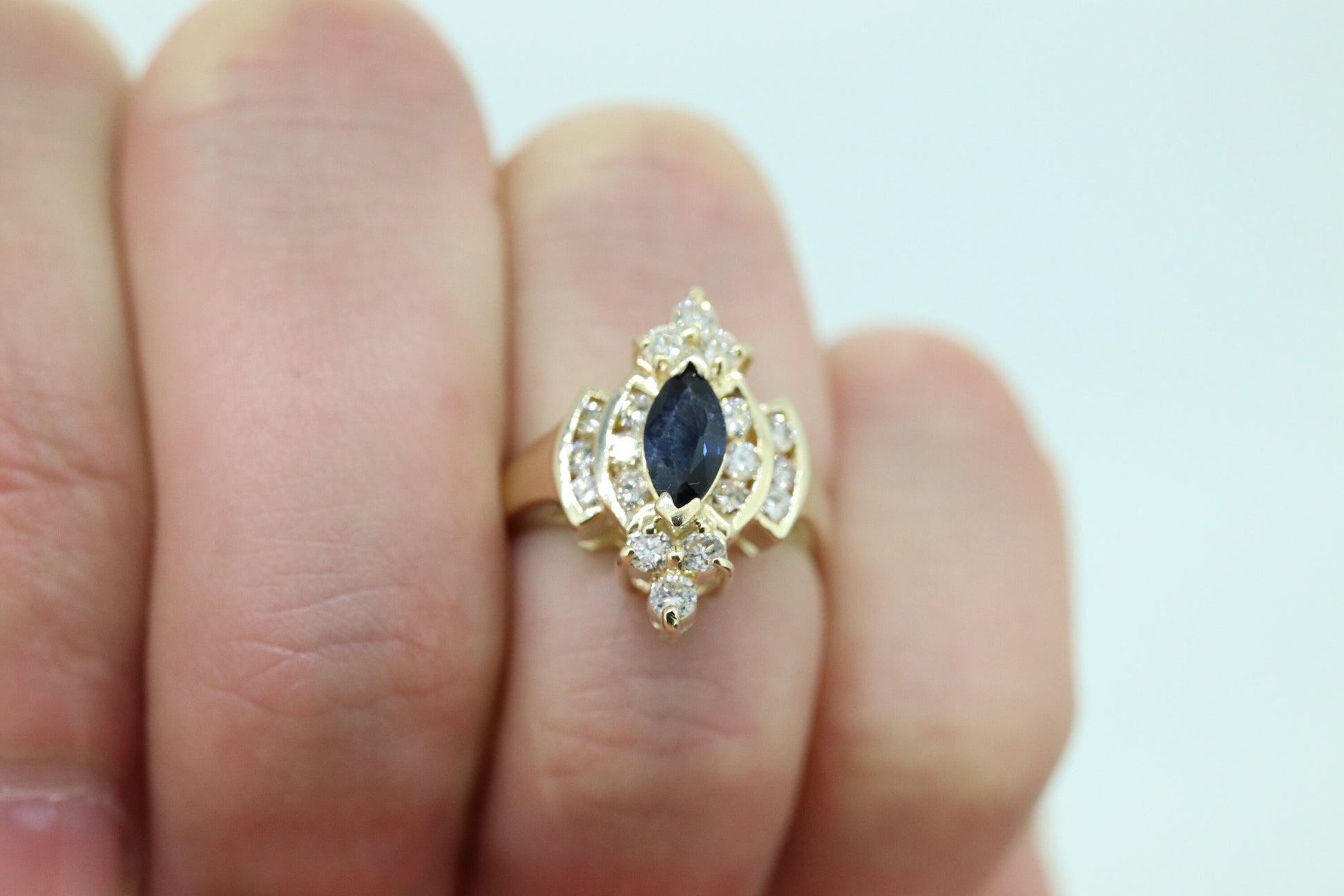 14k Sapphire Diamond Halo ring. Large Marquise SAPPHIRE with 2/3ctw Diamonds Cluster cocktail ring. st(138)