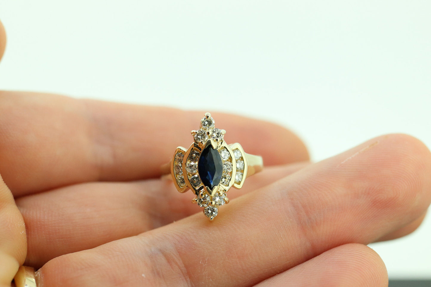 14k Sapphire Diamond Halo ring. Large Marquise SAPPHIRE with 2/3ctw Diamonds Cluster cocktail ring. st(138)