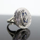 Antique ROUND SHIELD ring. 14k TRILOGY three diamond and sapphire shield ring. 14k Art Deco trio triple diamond shield ring. st(207)