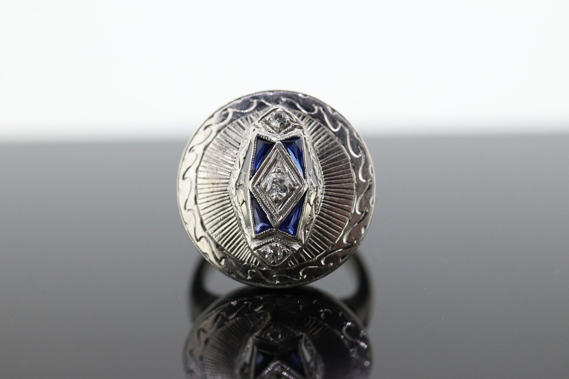 Antique ROUND SHIELD ring. 14k TRILOGY three diamond and sapphire shield ring. 14k Art Deco trio triple diamond shield ring. st(207)