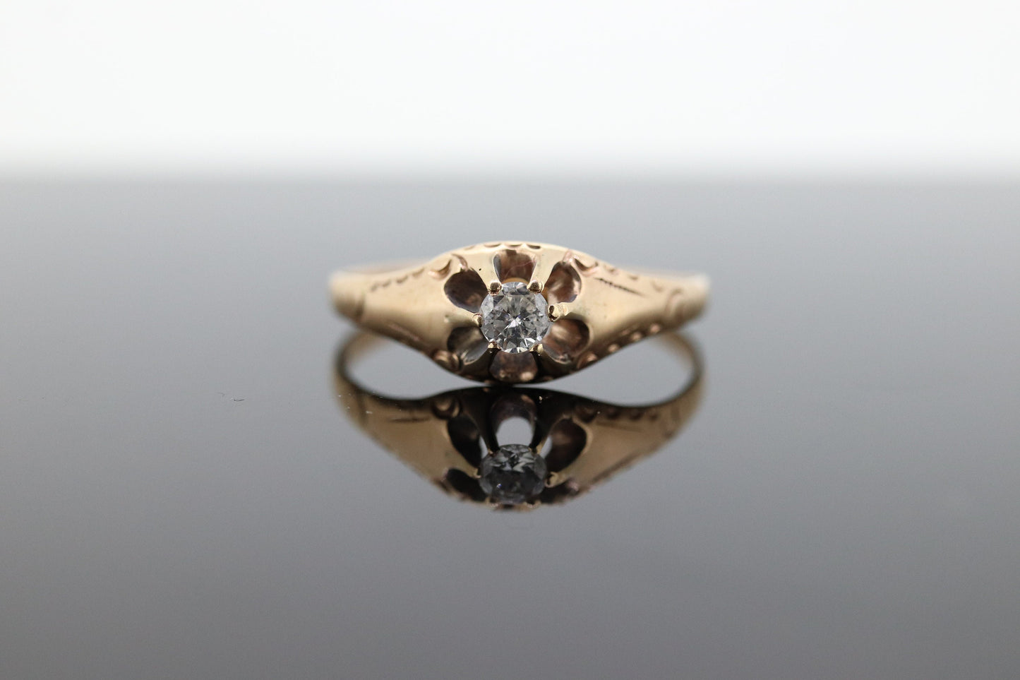 Antique Belcher Set Diamond 14k Filigree ring. 1/6ct Victorian Prong Diamond Ring Engraved Buttercup diamond st(161)