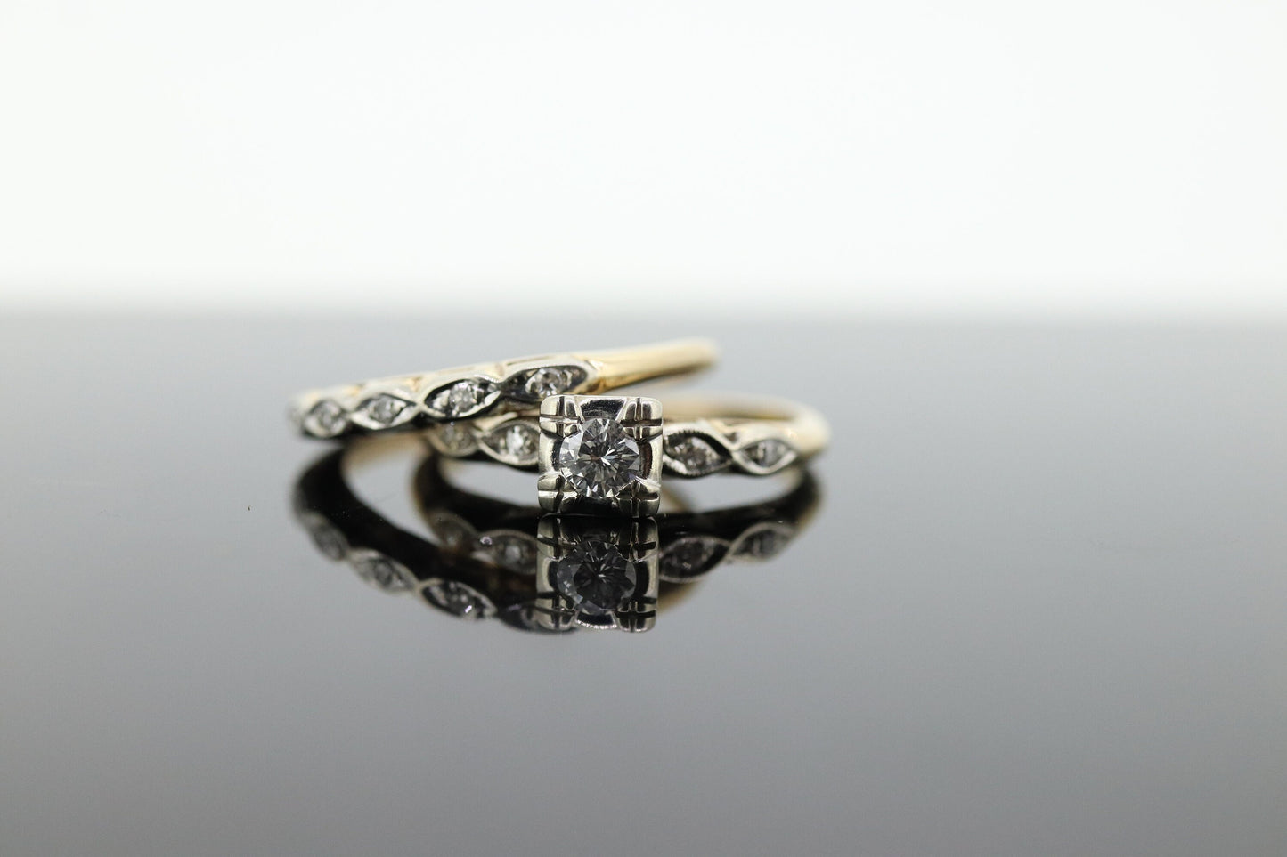 Art Deco Engagement Wedding Diamond Ring Set. Antique DELICATE Wedding Ring Set. 14k Multi-Tone with a Diamond.  st(138)