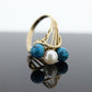 10k Turquoise and Pearl cluster ring. Bypass Turquoise and Pearl Bead Sphere Ball cluster set ring st(95)