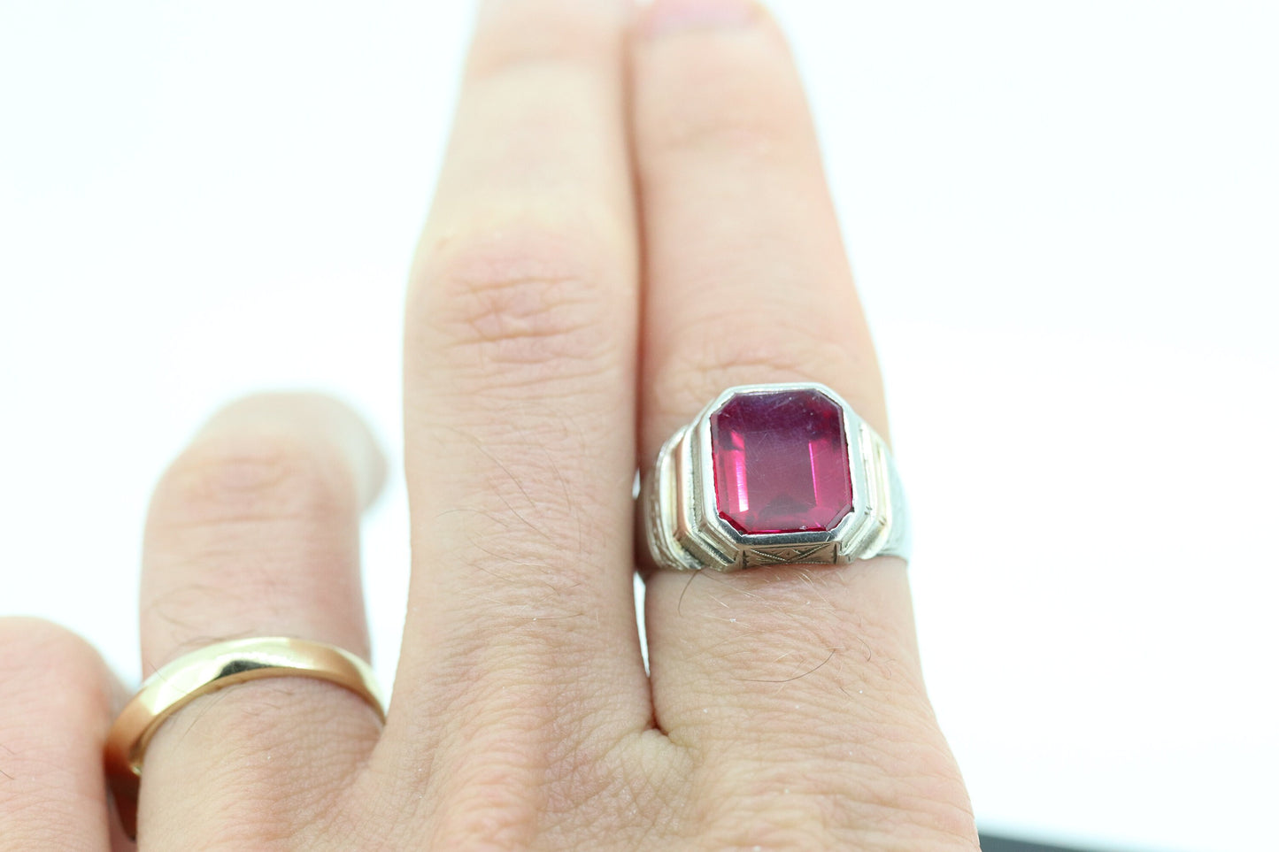 Ruby Signet ring. 10k Ruby Signet Mens Gents Ring. Large Rectangle Ruby Signet ring.