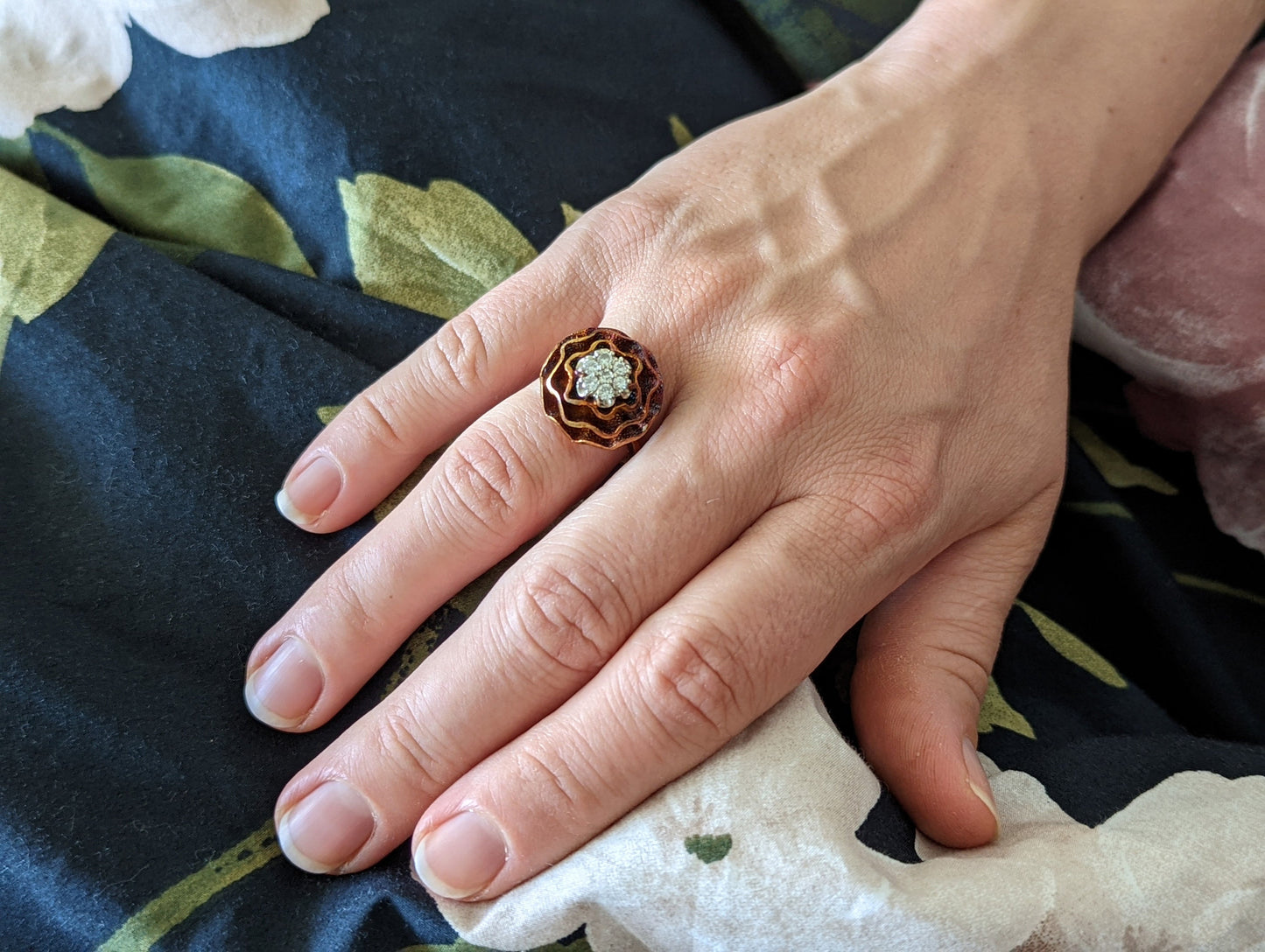 14k Diamond Daisy Flower Petal Ring. Heat bluing 14k Gold Rose Petal with diamonds statement ring. stock(3-56/50)