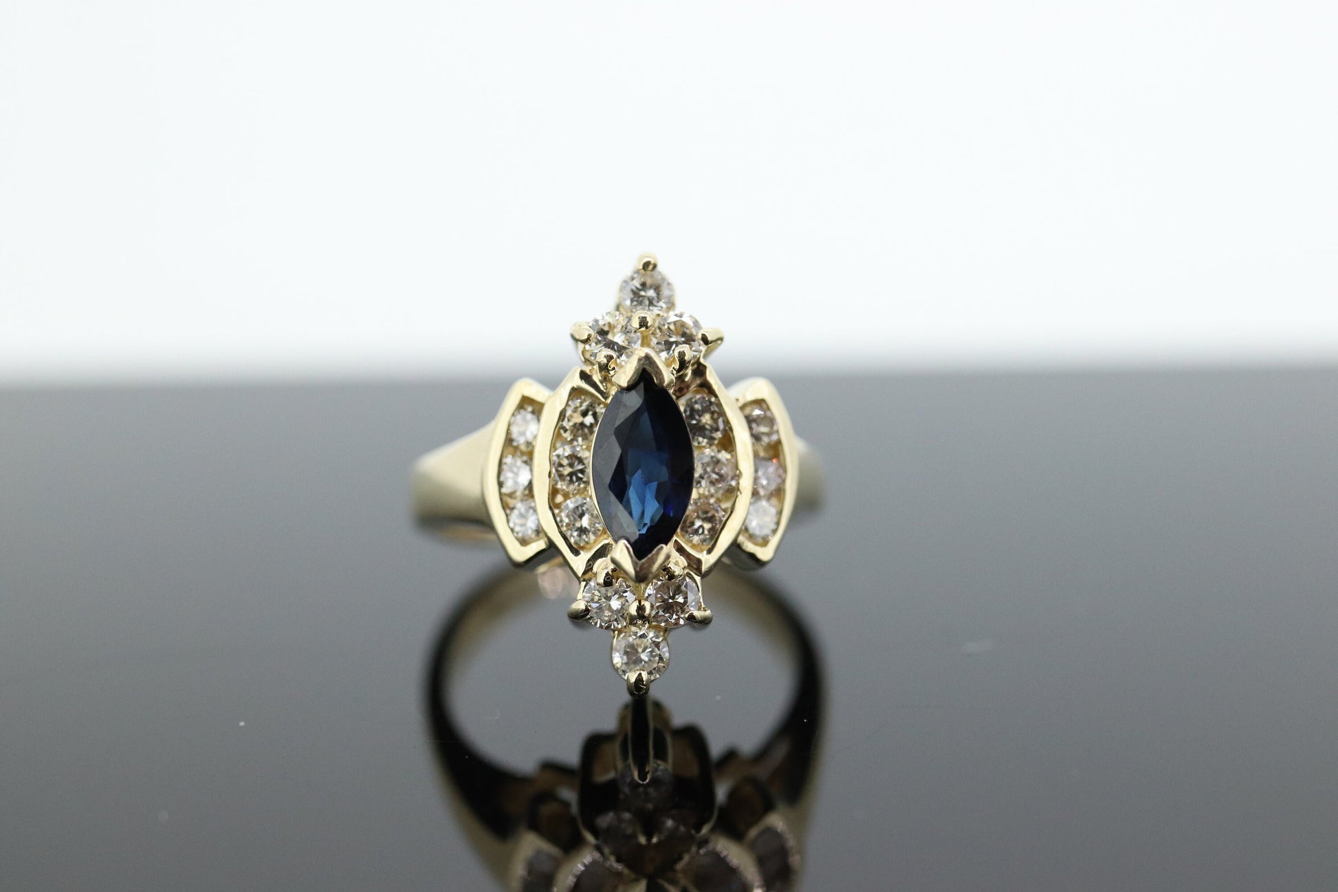 14k Sapphire Diamond Halo ring. Large Marquise SAPPHIRE with 2/3ctw Diamonds Cluster cocktail ring. st(138)