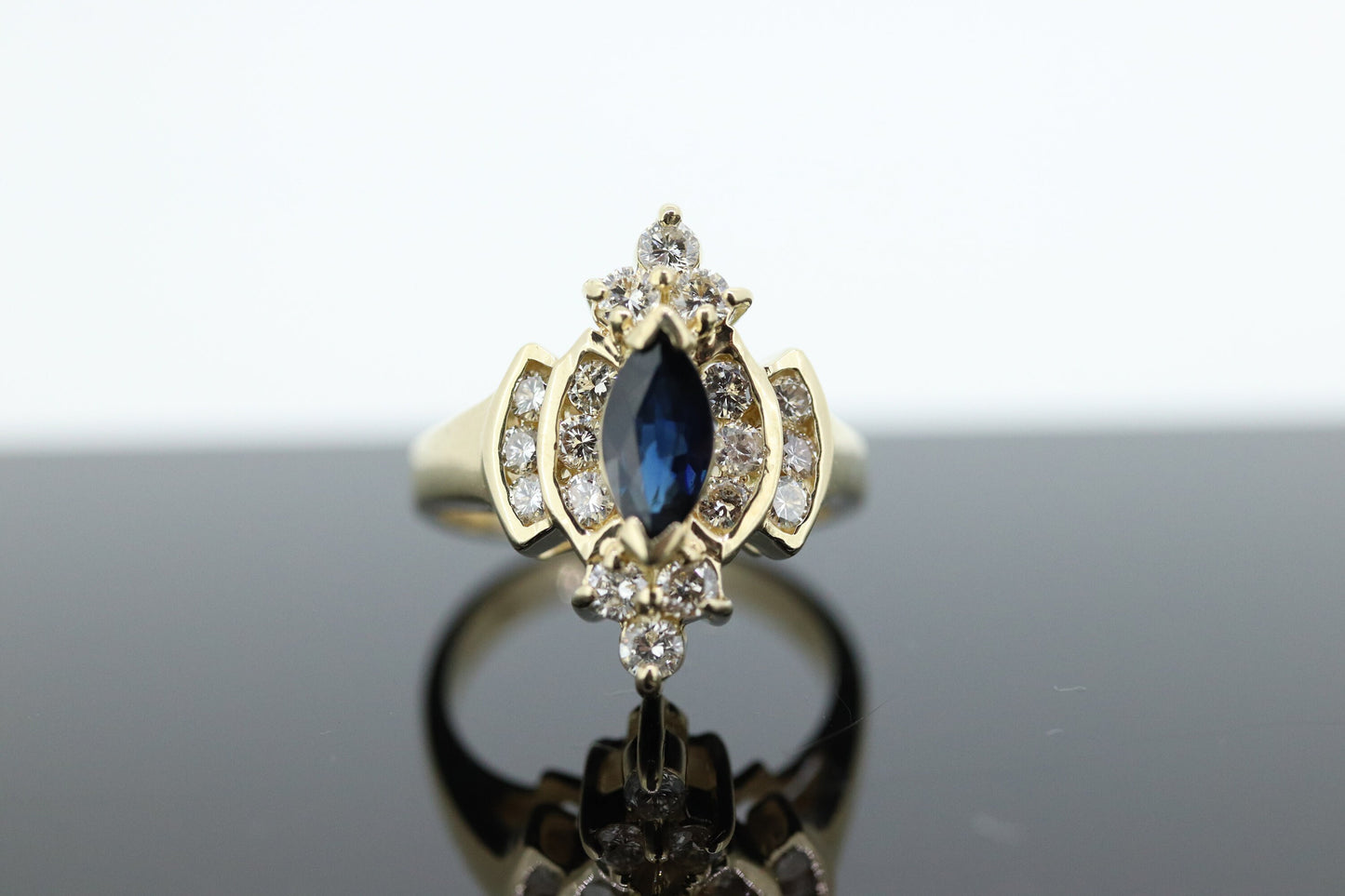 14k Sapphire Diamond Halo ring. Large Marquise SAPPHIRE with 2/3ctw Diamonds Cluster cocktail ring. st(138)