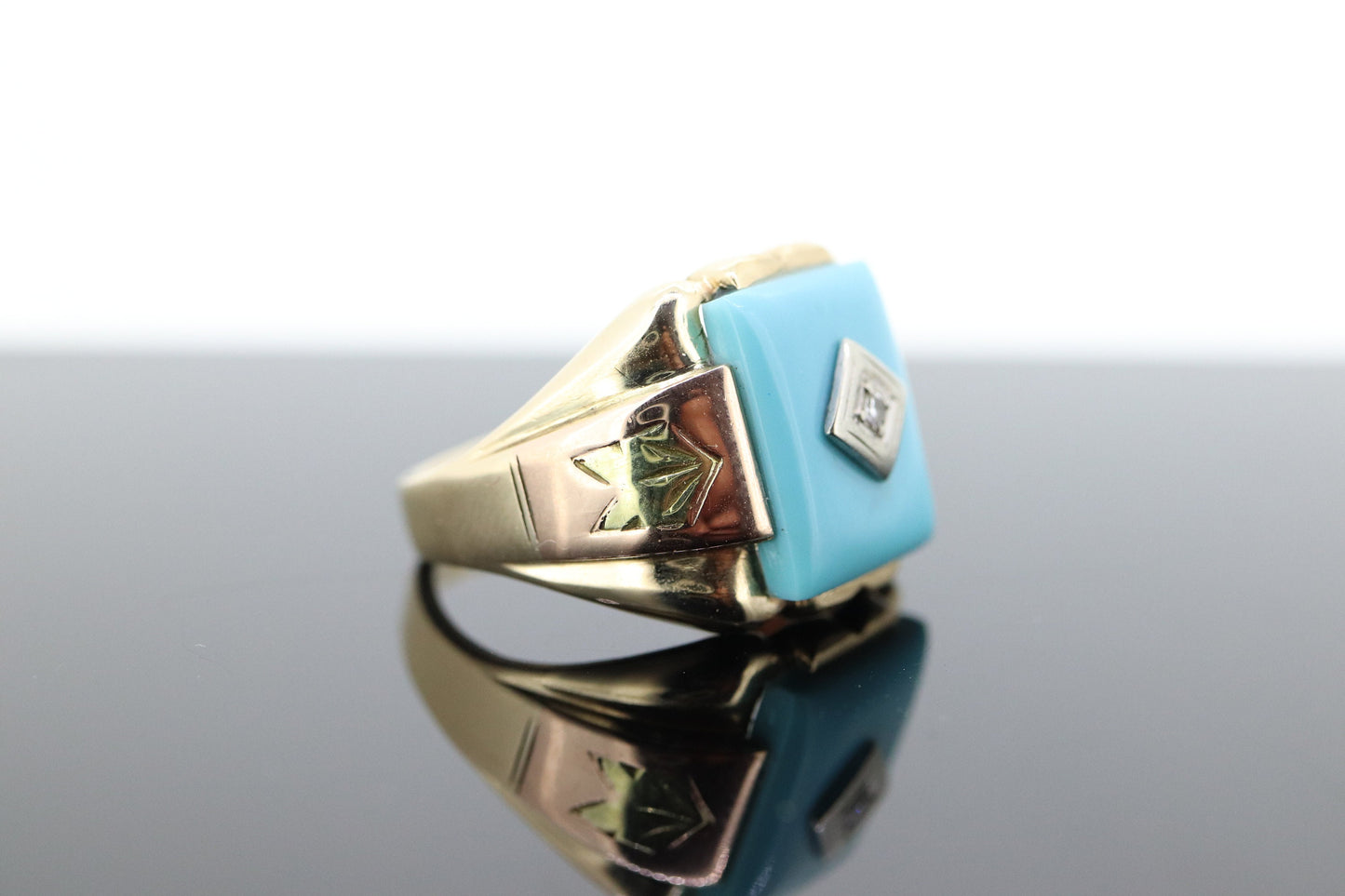 10k Turquoise and diamond ring. Heavy Mens Turquoise and center diamond multi-tone Rose green yellow gold ring. st(350)