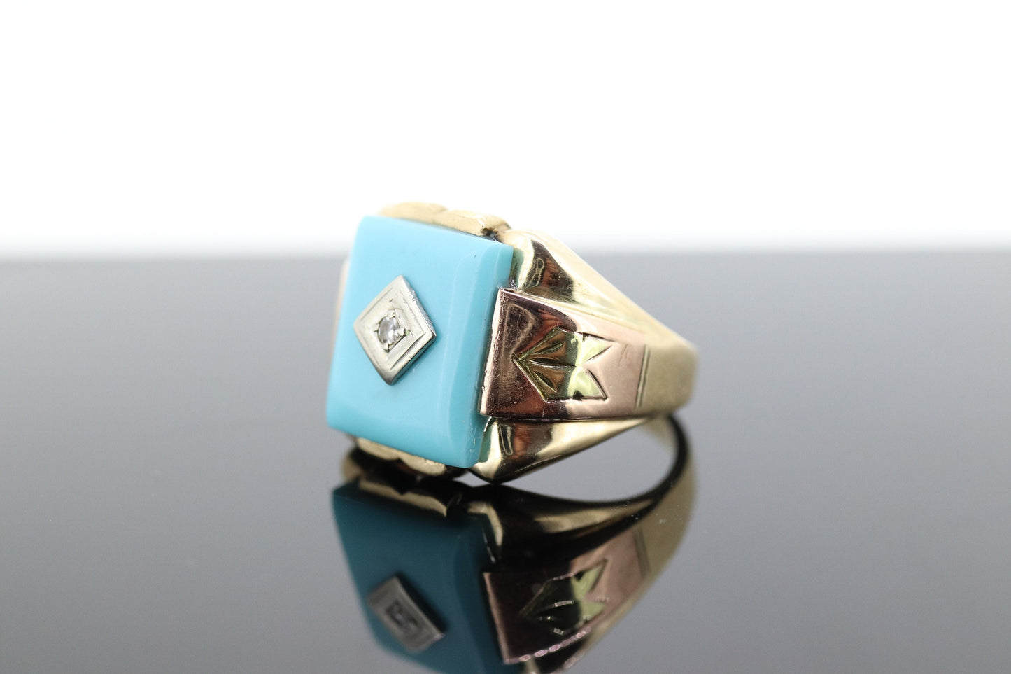 10k Turquoise and diamond ring. Heavy Mens Turquoise and center diamond multi-tone Rose green yellow gold ring. st(350)