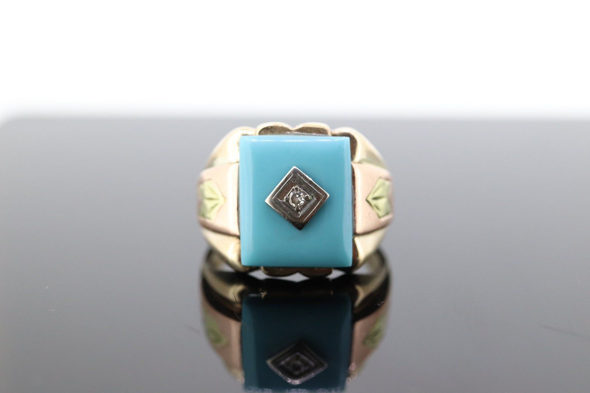 10k Turquoise and diamond ring. Heavy Mens Turquoise and center diamond multi-tone Rose green yellow gold ring. st(350)