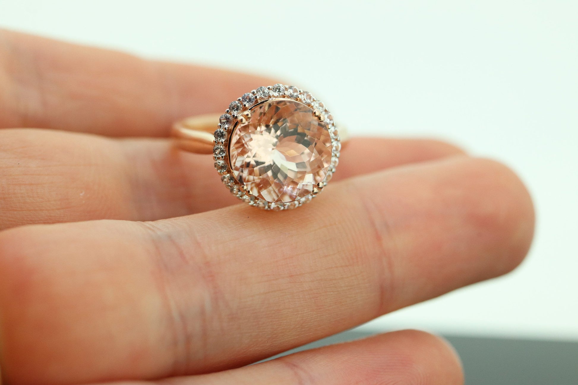 10k Morganite and White Sapphire Halo ring. Rose Gold Round Morganite and Diamond(White Sapphire) Halo ring. st(85)