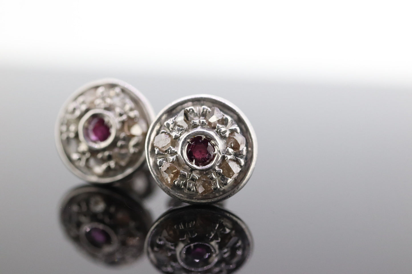 14k Ruby and Diamond Halo Gold Stud Earrings. Vintage Rough cut diamond ruby button round earrings. st(40)