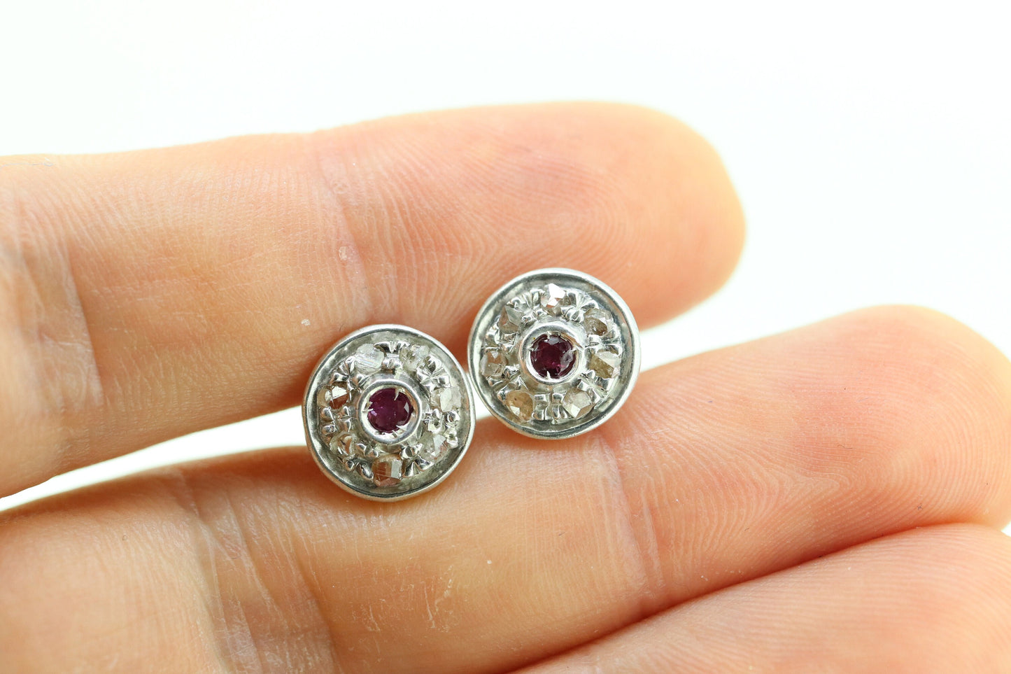 14k Ruby and Diamond Halo Gold Stud Earrings. Vintage Rough cut diamond ruby button round earrings. st(40)