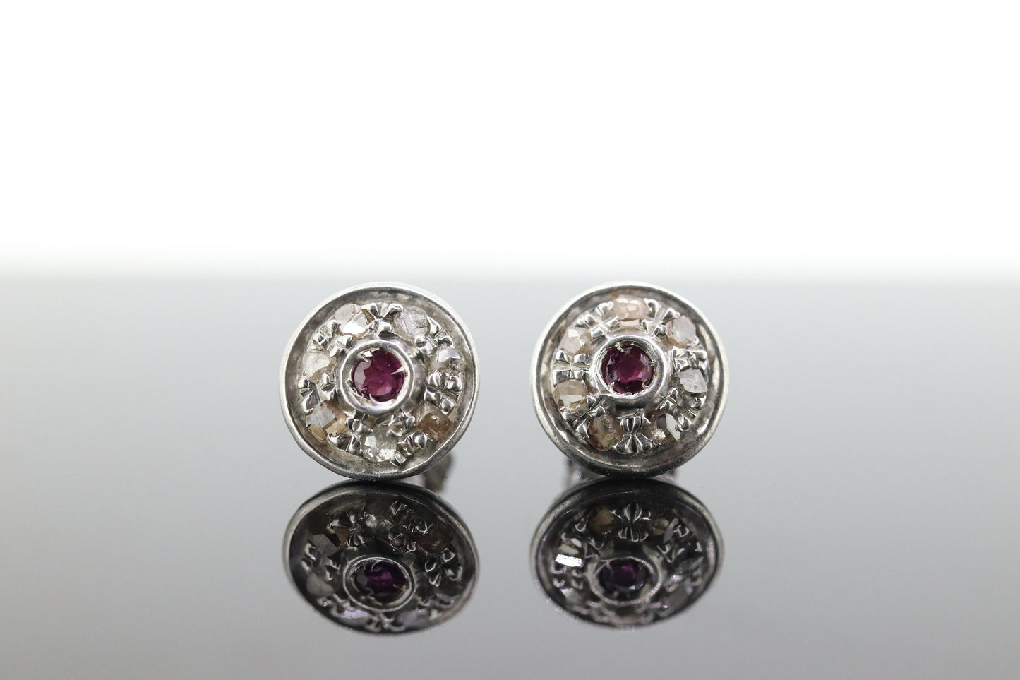 14k Ruby and Diamond Halo Gold Stud Earrings. Vintage Rough cut diamond ruby button round earrings. st(40)