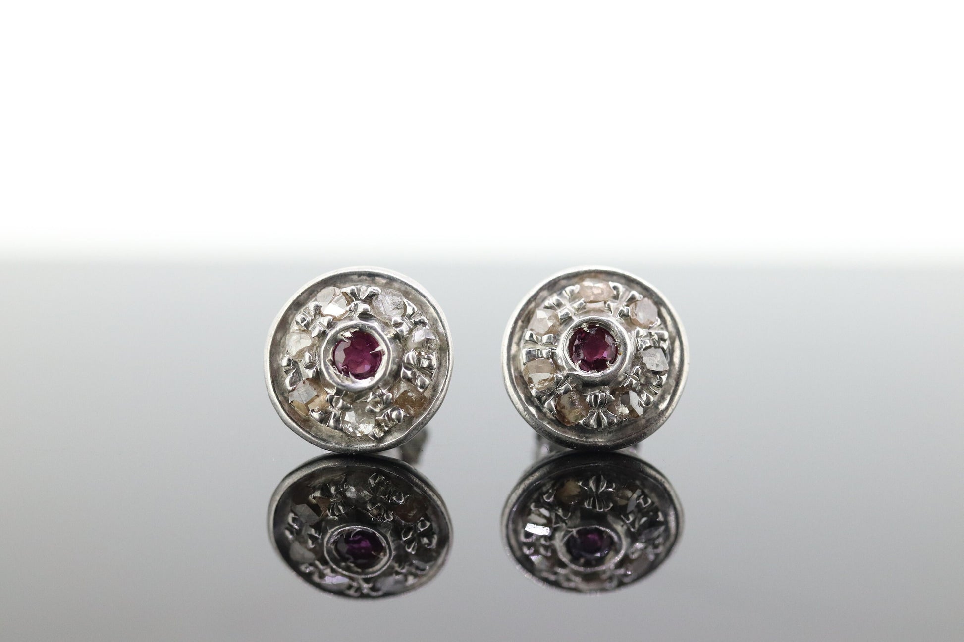 14k Ruby and Diamond Halo Gold Stud Earrings. Vintage Rough cut diamond ruby button round earrings. st(40)