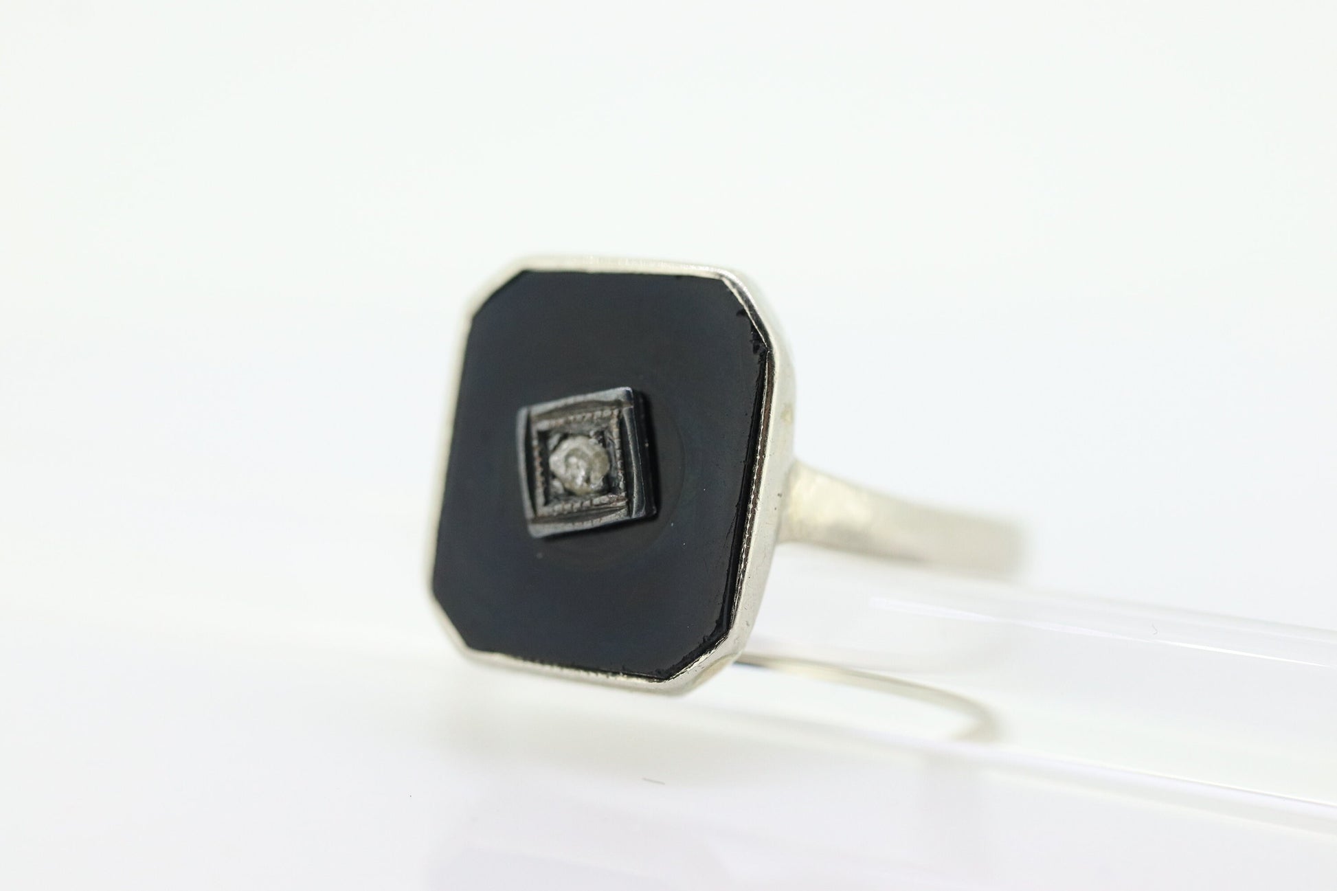 Art Deco Onyx and Diamond Ring. 14k White Gold Rectangle Onyx and Diamond ring. Mourning ring. st(150)