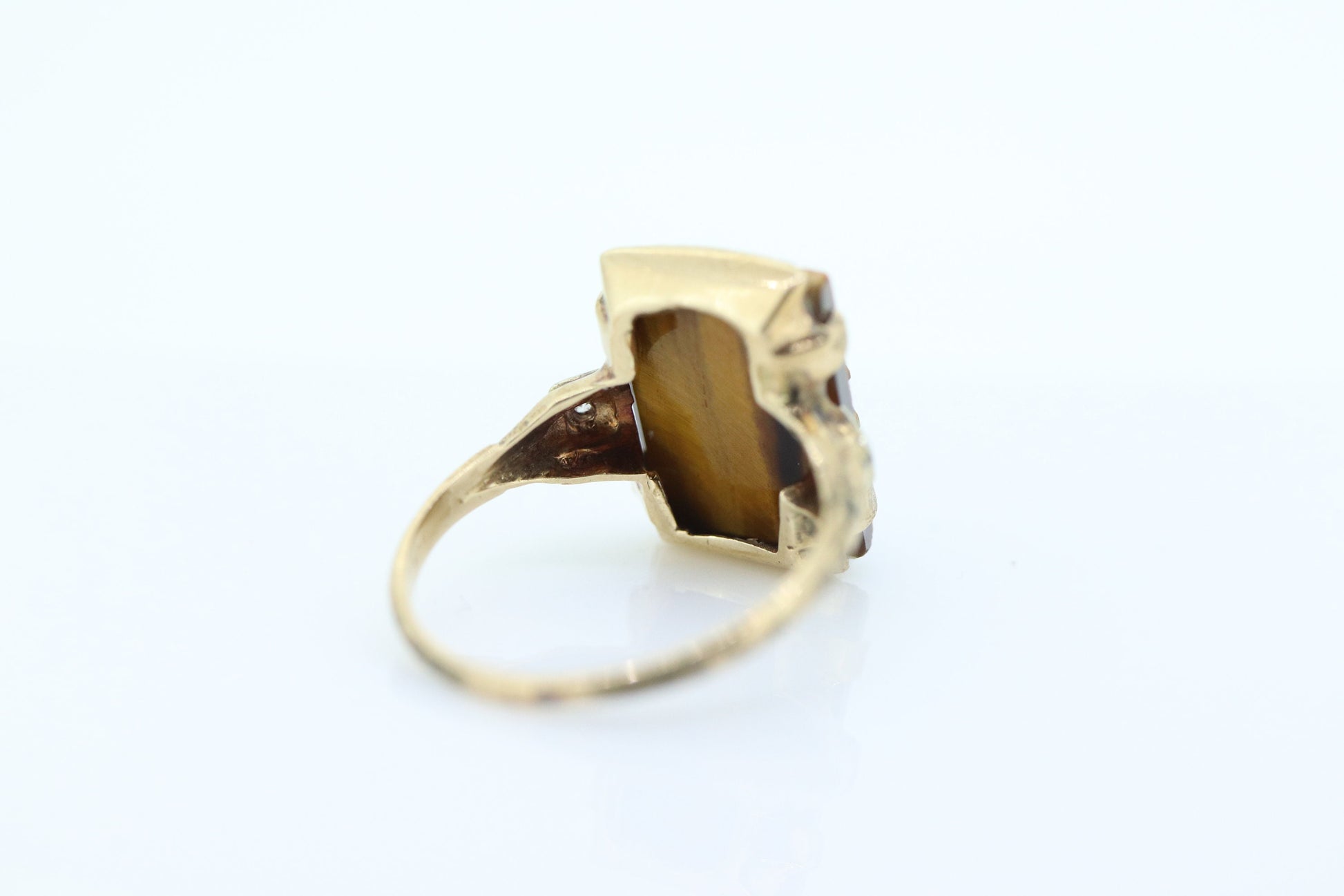 10k Tiger Eye Cameo Diamond Signet Ring. 10k gold Heavy Carved Warrior Mens or Womens ring. st(150)