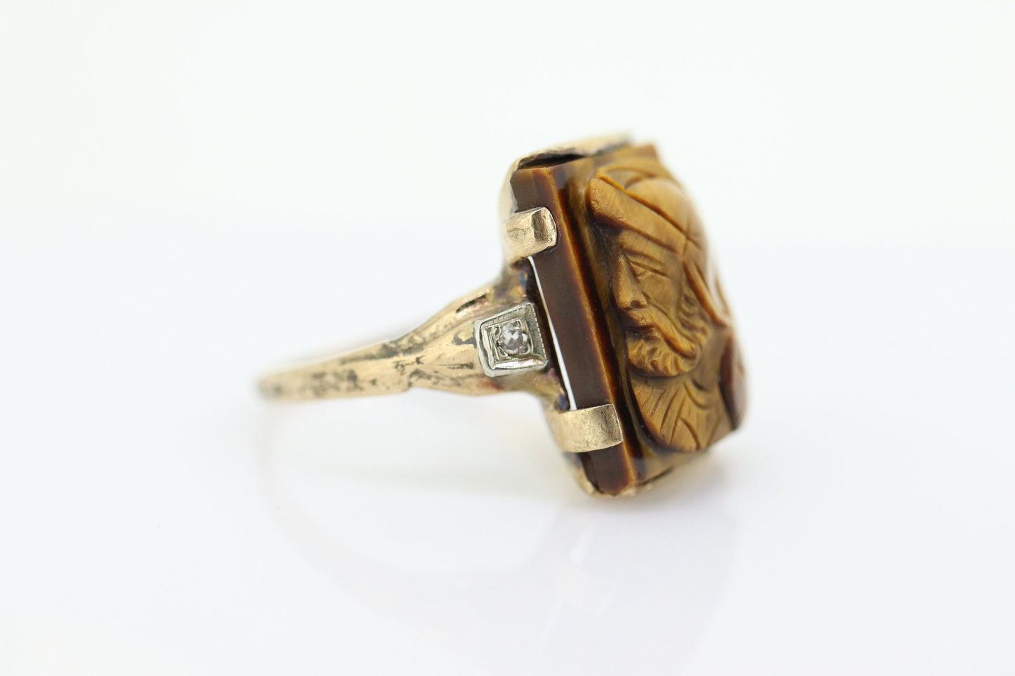 10k Tiger Eye Cameo Diamond Signet Ring. 10k gold Heavy Carved Warrior Mens or Womens ring. st(150)