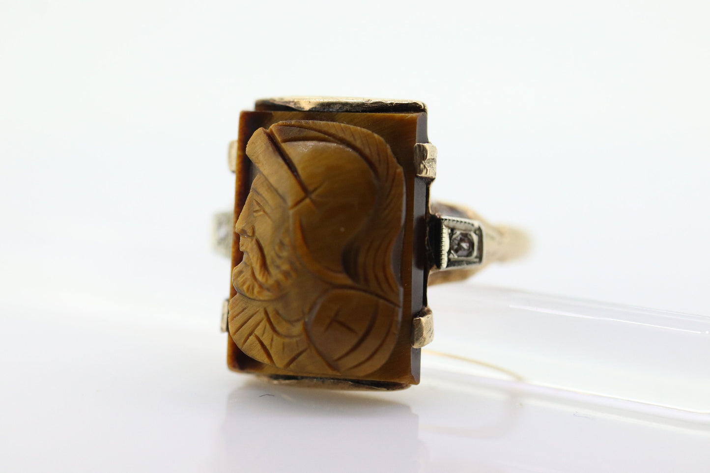 10k Tiger Eye Cameo Diamond Signet Ring. 10k gold Heavy Carved Warrior Mens or Womens ring. st(150)