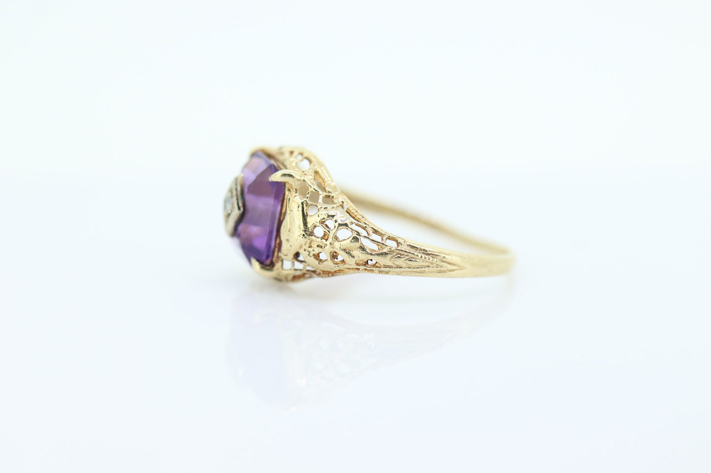 Art Deco Amethyst Diamond Ring. 14k Yellow Gold Filigree Design. Engagement Ring from Art Deco . Statement band. February Stone st(219)