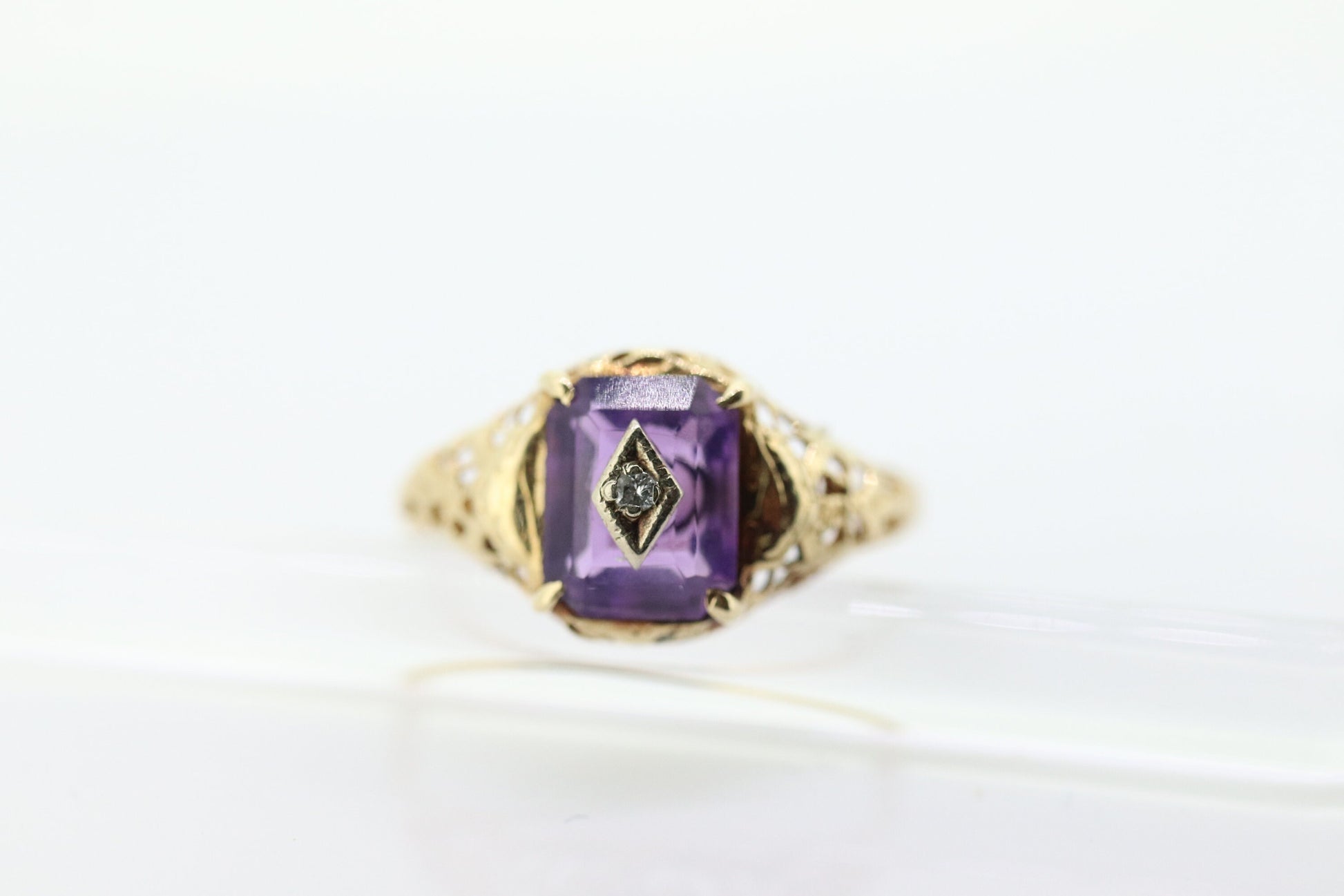 Art Deco Amethyst Diamond Ring. 14k Yellow Gold Filigree Design. Engagement Ring from Art Deco . Statement band. February Stone st(219)