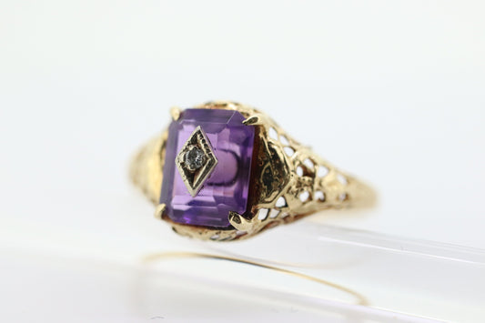 Art Deco Amethyst Diamond Ring. 14k Yellow Gold Filigree Design. Engagement Ring from Art Deco . Statement band. February Stone st(219)