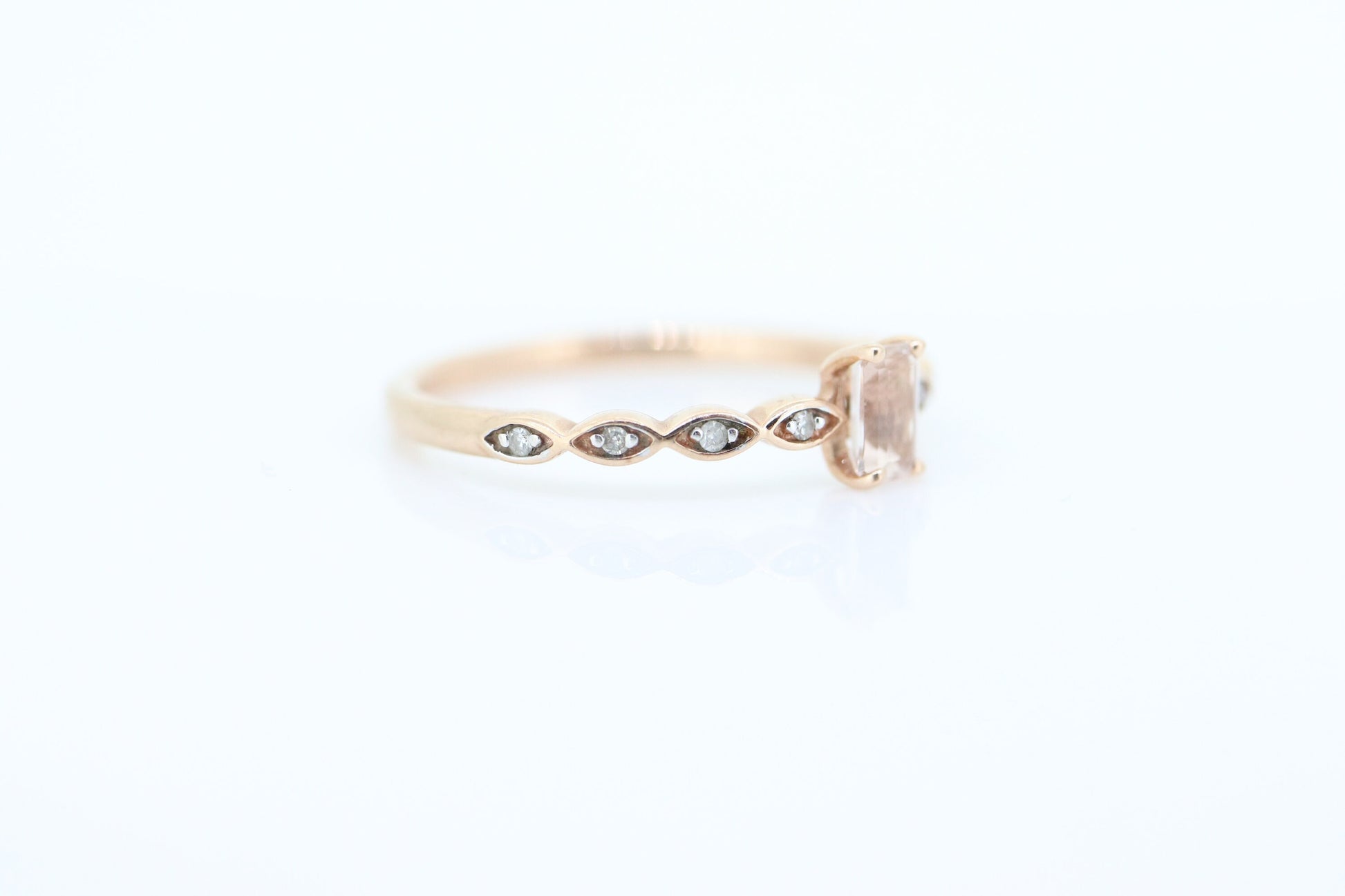 10k Morganite and Diamond ring. Rose Gold Baguette Morganite and Diamond promise ring. st(115)