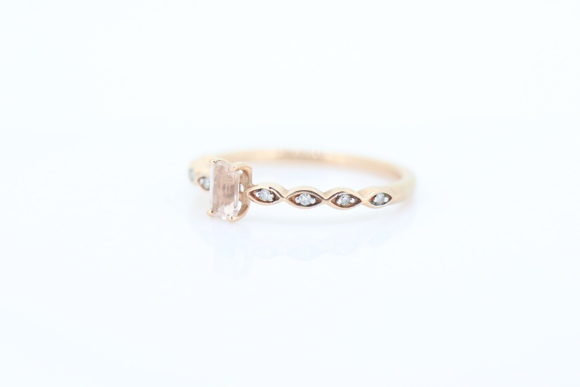 10k Morganite and Diamond ring. Rose Gold Baguette Morganite and Diamond promise ring. st(115)