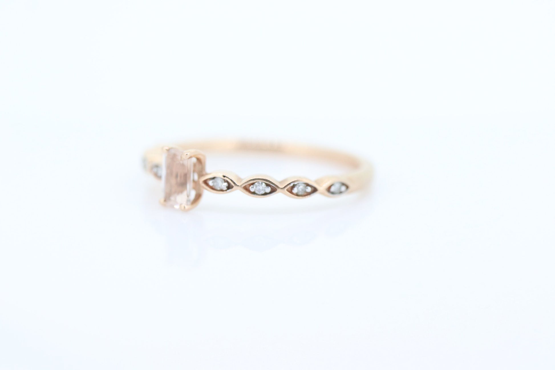 10k Morganite and Diamond ring. Rose Gold Baguette Morganite and Diamond promise ring. st(115)